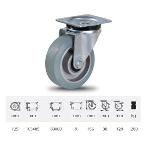 JPAG 1251 6150, Rolă pivotantă, montată în furcă zincată, cu suprafață de rulare din cauciuc gri, fără urme plin, 125 mm, 200 kg, prindere cu placă