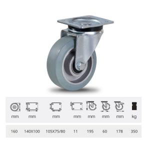 JPAG 1603 6150, Rolă pivotantă, montată în furcă zincată, cu suprafață de rulare din cauciuc gri, fără urme plin, 160 mm, 350 kg, prindere cu placă