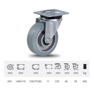 JPAG 2003 6150, Rolă pivotantă, montată în furcă zincată, cu suprafață de rulare din cauciuc gri, fără urme plin, 200 mm, 400 kg, prindere cu placă