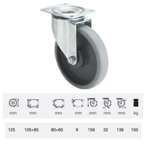 JPPE 1251 5100, Rolă pivotantă, montată în furcă zincată, Suprafață de rulare premium din cauciuc plin ECOFORMA, 125 mm, capacitate de încărcare 150 kg, prindere cu placă