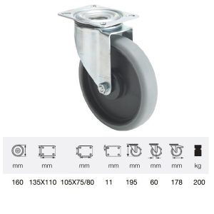 JPPE 1603 5100, Rolă pivotantă, montată în furcă zincată, Suprafață de rulare premium din cauciuc plin ECOFORMA, 160 mm, capacitate de încărcare 200 kg, prindere cu placă