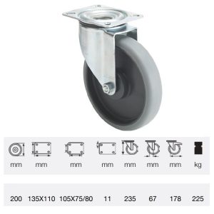 JPPE 2003 5100, Rolă pivotantă, montată în furcă zincată, Suprafață de rulare premium din cauciuc plin ECOFORMA, 200 mm, capacitate de încărcare 225 kg, prindere cu placă