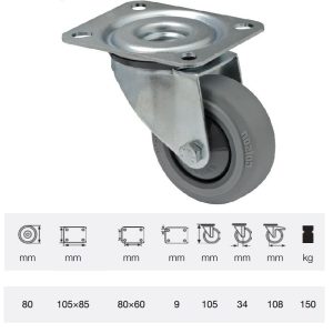JPPF 0801 5100, Rolă pivotantă, montată în furcă zincată, Suprafață de rulare premium din cauciuc plin PERFORMA, 80 mm, capacitate de încărcare 150 kg, prindere cu placă