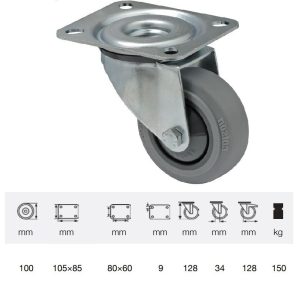 JPPF 1001 5100, Rolă pivotantă, montată în furcă zincată, Suprafață de rulare premium din cauciuc plin PERFORMA, 100 mm, capacitate de încărcare 150 kg, prindere cu placă