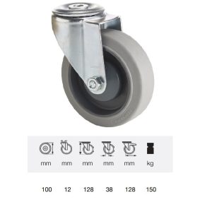 JPPF 1005 5100, Rolă pivotantă, montată în furcă zincată, Suprafață de rulare premium din cauciuc plin PERFORMA, 100 mm, capacitate de încărcare 150 kg, prindere cu gaură centrală