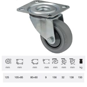 JPPF 1251 5100, Rolă pivotantă, montată în furcă zincată, Suprafață de rulare premium din cauciuc plin PERFORMA, 125 mm, capacitate de încărcare 150 kg, prindere cu placă