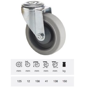JPPF 1255 5100, Rolă pivotantă, montată în furcă zincată, Suprafață de rulare premium din cauciuc plin PERFORMA, 125 mm, capacitate de încărcare 150 kg, prindere cu gaură centrală