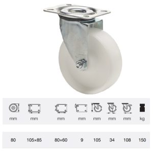 JPPN 0801 1100, Rolă pivotantă, suprafață de rulare din plastic (poliamidă), montată în furcă zincată, 80 mm, capacitate de încărcare 150 kg, prindere cu placă