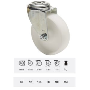 JPPN 0805 1100, Rolă pivotantă, suprafață de rulare din plastic (poliamidă), montată în furcă zincată, 80 mm, capacitate de încărcare 150 kg, prindere cu gaură centrală
