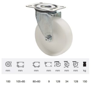 JPPN 1001 1100, Rolă pivotantă, suprafață de rulare din plastic (poliamidă), montată în furcă zincată, 100 mm, capacitate de încărcare 150 kg, prindere cu placă