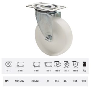 JPPN 1251 1100, Rolă pivotantă, suprafață de rulare din plastic (poliamidă), montată în furcă zincată, 125 mm, capacitate de încărcare 150 kg, prindere cu placă