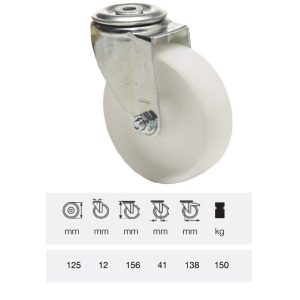 JPPN 1255 1100, Rolă pivotantă, suprafață de rulare din plastic (poliamidă), montată în furcă zincată, 125 mm, capacitate de încărcare 150 kg, prindere cu gaură centrală