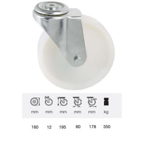 JPPN 1607 1100, Rolă pivotantă, suprafață de rulare din plastic (poliamidă), montată în furcă zincată, 160 mm, capacitate de încărcare 350 kg, prindere cu gaură centrală