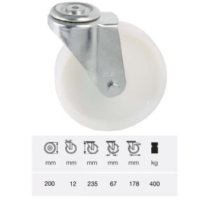 JPPN 2007 1100, Rolă pivotantă, suprafață de rulare din plastic (poliamidă), montată în furcă zincată, 200 mm, capacitate de încărcare 400 kg, prindere cu gaură centrală