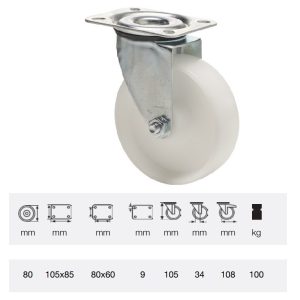 JPPP 0801 1100, Rolă pivotantă, suprafață de rulare din plastic (polipropilenă), montată în furcă zincată, 80 mm, capacitate de încărcare 150 kg, prindere cu placă