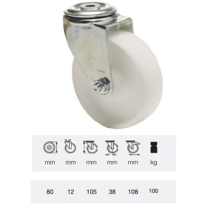 JPPP 0805 1100, Rolă pivotantă, suprafață de rulare din plastic (polipropilenă), montată în furcă zincată, 80 mm, capacitate de încărcare 150 kg, prindere cu gaură centrală