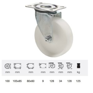 JPPP 1001 1100, Rolă pivotantă, suprafață de rulare din plastic (polipropilenă), montată în furcă zincată, 100 mm, capacitate de încărcare 150 kg, prindere cu placă