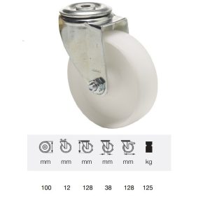 JPPP 1005 1100, Rolă pivotantă, suprafață de rulare din plastic (polipropilenă), montată în furcă zincată, 100 mm, capacitate de încărcare 150 kg, prindere cu gaură centrală