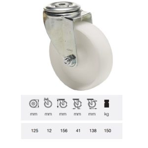 JPPP 1255 1100, Rolă pivotantă, suprafață de rulare din plastic (polipropilenă), montată în furcă zincată, 125 mm, capacitate de încărcare 150 kg, prindere cu gaură centrală