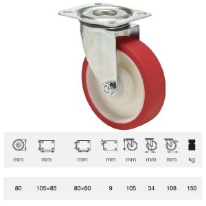 JPPU 0801 5100, Rolă pivotantă, cu suprafață de rulare din poliuretan, montată în furcă zincată, 80 mm, capacitate de încărcare 150 kg, prindere cu placă