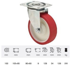 JPPU 1001 5100, Rolă pivotantă, cu suprafață de rulare din poliuretan, montată în furcă zincată, 100 mm, capacitate de încărcare 150 kg, prindere cu placă
