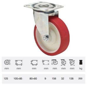 JPPU 1251 5100, Rolă pivotantă, cu suprafață de rulare din poliuretan, montată în furcă zincată, 125 mm, capacitate de încărcare 150 kg, prindere cu placă
