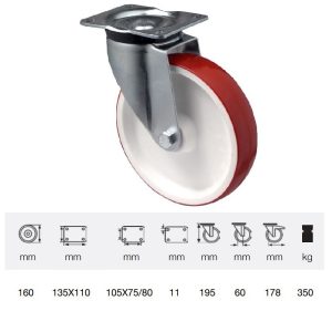 JPPU 1603 2100, Rolă pivotantă, cu suprafață de rulare din poliuretan, montată în furcă zincată, 160 mm, capacitate de încărcare 300 kg, prindere cu placă