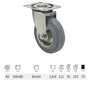JPSG 0801 2100 L, Rolă pivotantă, suprafață de rulare din cauciuc gri, fără urme, 80 mm, capacitate de încărcare 70 kg, prindere cu placă