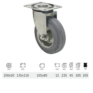 JPSG 2003 2100 W, Rolă pivotantă, suprafață de rulare din cauciuc gri, fără urme, 200 mm, capacitate de încărcare 205 kg, prindere cu placă