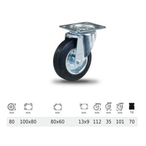 JPSM 0801 2100 L, Rolă pivotantă, suprafață de rulare din cauciuc negru, 80 mm, capacitate de încărcare 70 kg, prindere cu placă