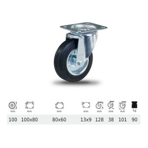 JPSM 1001 2100 L, Rolă pivotantă, suprafață de rulare din cauciuc negru, 100 mm, capacitate de încărcare 90 kg, prindere cu placă