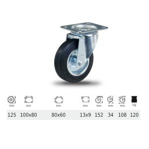 JPSM 1251 2100 L, Rolă pivotantă, suprafață de rulare din cauciuc negru, 125 mm, capacitate de încărcare 120 kg, prindere cu placă