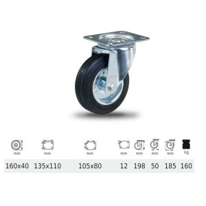 JPSM 1603 2100 W, Rolă pivotantă, suprafață de rulare din cauciuc negru, 160 mm, capacitate de încărcare 160 kg, prindere cu placă