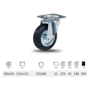 JPSM 2003 2100 W, Rolă pivotantă, suprafață de rulare din cauciuc negru, 200 mm, capacitate de încărcare 205 kg, prindere cu placă