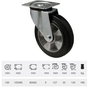 JTAB 1002 6150, Rolă pivotantă, montată în furcă zincată, cu suprafață de rulare din cauciuc plin negru, 100 mm, 180 kg, prindere cu placă
