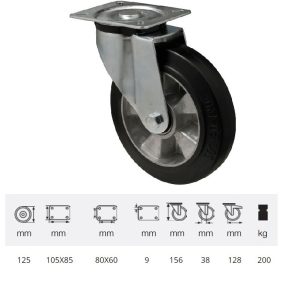 JTAB 1252 6150, Rolă pivotantă, montată în furcă zincată, cu suprafață de rulare din cauciuc plin negru, 125 mm, 200 kg, prindere cu placă