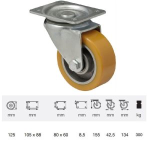 JTAU 1252 6150, Rolă pivotantă, cu suprafață de rulare din poliuretan, montată în furcă zincată, 125 mm, capacitate de încărcare 300 kg, prindere cu placă