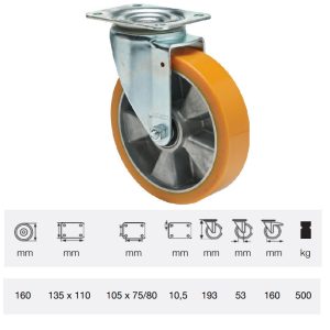 JTAU 1603 6440, Rolă pivotantă, cu suprafață de rulare din poliuretan, montată în furcă zincată, 160 mm, capacitate de încărcare 500 kg, prindere cu placă