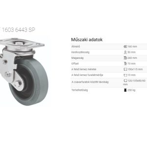 JTPF 1603 6443 SP suprafață de rulare premium din cauciuc plin PERFORMA, diametru 160 mm, capacitate de încărcare 250 kg, rulment dublu cu bile