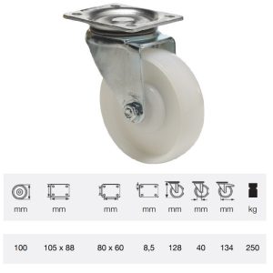JTPN 1002 5100, Rolă pivotantă, suprafață de rulare din plastic (poliamidă), montată în furcă zincată, 100 mm, capacitate de încărcare 250 kg, prindere cu placă