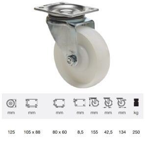 JTPN 1252 5100, Rolă pivotantă, suprafață de rulare din plastic (poliamidă), montată în furcă zincată, 125 mm, capacitate de încărcare 250 kg, prindere cu placă