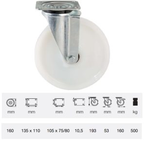 JTPN 1603 6100, Rolă pivotantă, suprafață de rulare din plastic (poliamidă), montată în furcă zincată, 160 mm, capacitate de încărcare 500 kg, prindere cu placă