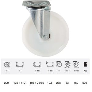 JTPN 2003 6100, Rolă pivotantă, suprafață de rulare din plastic (poliamidă), montată în furcă zincată, 200 mm, capacitate de încărcare 500 kg, prindere cu placă
