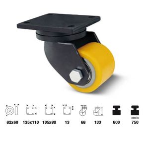 JWSU 0823 6060, Rolă pivotantă pentru sarcini mari, Suprafață de rulare din poliuretan, montată în furcă zincată, 85 mm, capacitate de încărcare 600 kg,