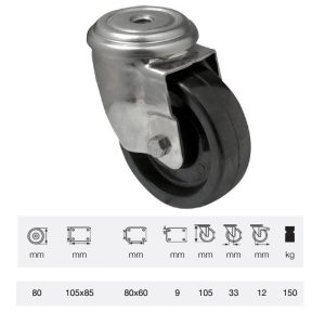 JXFL 0805 1000, termorezistentă (până la +280°C) rolă pivotantă, montată în furcă inox, suprafață de rulare din compozit cu rășină fenolică, 80 mm, capacitate de încărcare 150 kg, prindere cu gaură centrală