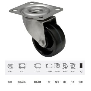 Tip recomandat JXFL 1001 1000, termorezistentă (până la +280°C) rolă pivotantă, montată în furcă inox, suprafață de rulare din compozit cu rășină fenolică, 100 mm, capacitate de încărcare 150 kg, prindere cu placă