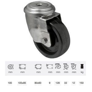 JXFL 1005 1000, termorezistentă (până la +280°C) rolă pivotantă, montată în furcă inox, suprafață de rulare din compozit cu rășină fenolică, 100 mm, capacitate de încărcare 150 kg, prindere cu gaură centrală