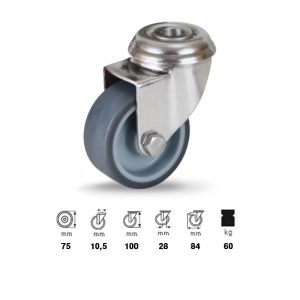 JXPE 0755 1000 P inox rolă instituțională, 75 mm roată, capacitate de încărcare 60 kg, cu prindere cu gaură centrală, montată în furcă pivotantă