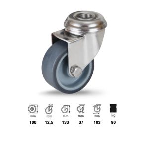 JXPE 1005 1000 P inox rolă instituțională, 100 mm roată, capacitate de încărcare 90 kg, cu prindere cu gaură centrală, montată în furcă pivotantă