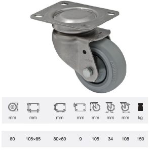 JXPF 0801 7100, Rolă pivotantă, montată în furcă inox, Suprafață de rulare premium din cauciuc plin PERFORMA, 80 mm, capacitate de încărcare 150 kg, prindere cu placă